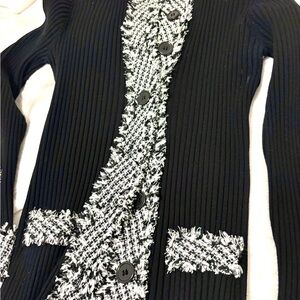 Black and White Women'sCable Knit Cardigan with tweed trim